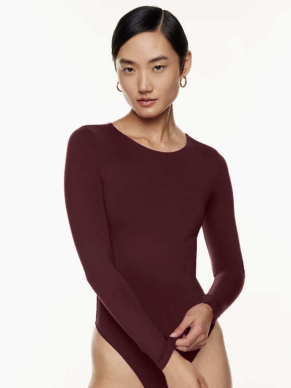 Aritzia Babaton Contour Long Sleeve Bodysuit Crew Neck Burgundy Size S